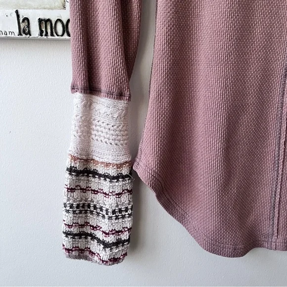 Free People Boho Tan Alpine Ski Lodge Thermal Knit Cuff Newbie Henley Size L - Picture 4 of 11